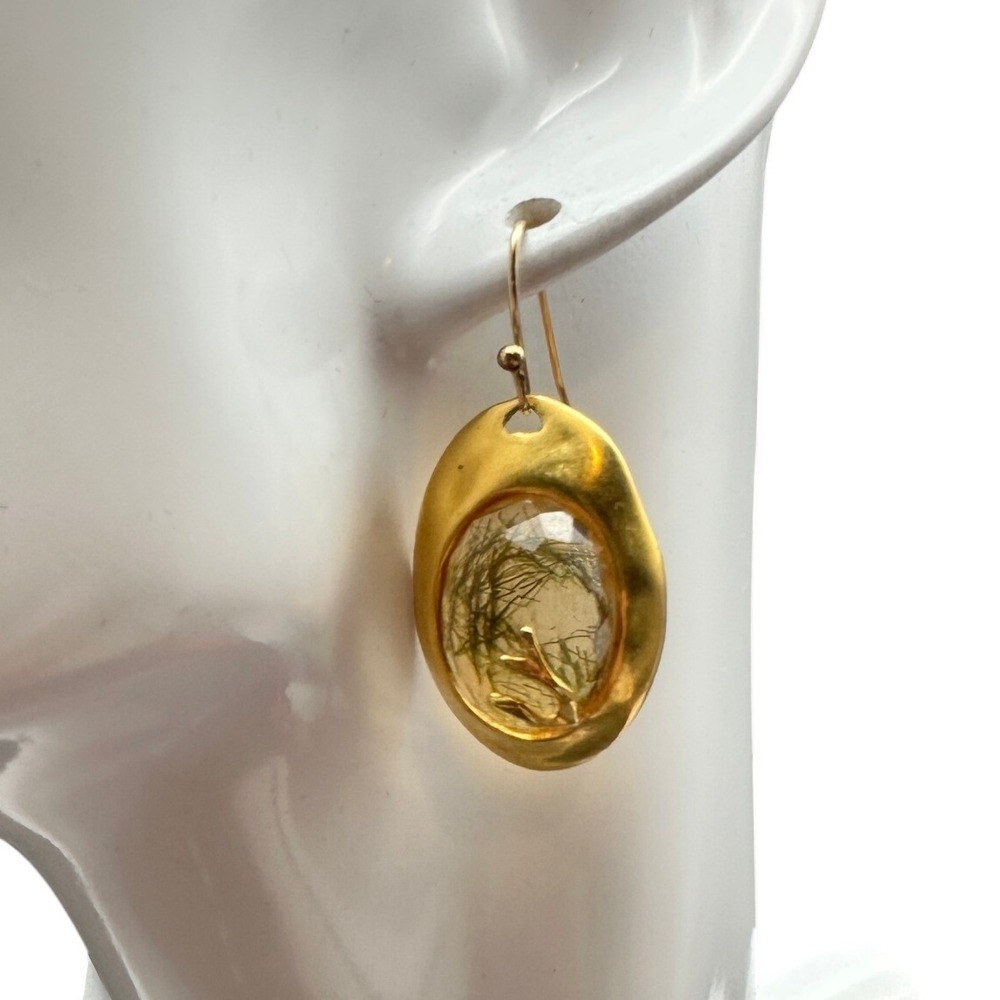Artisan Handcrafted Rutilated quartz MOP Gold Tone Botanical Oval Drop Earrings